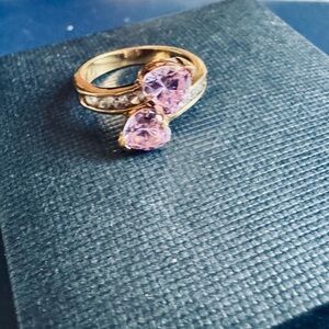 Gold Bypass Ring with Pink Heart Stones and White Accents – Size 7